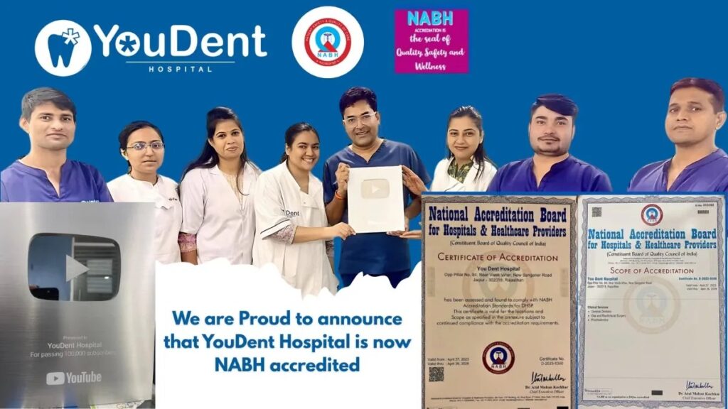 Hospital team celebrates NABH accreditation at YouDent Hospital with certificates and YouTube plaque in a blue background setting, smiles all around.